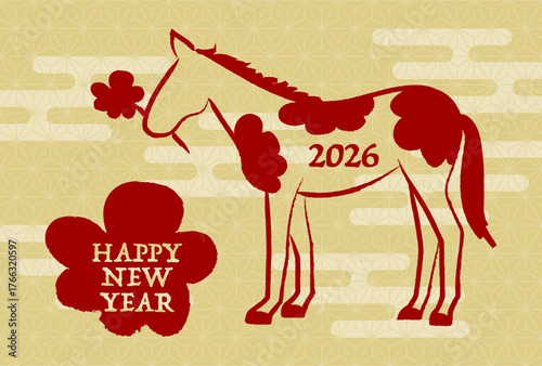2026年午年の年賀状(和柄背景に筆書きの馬と花)