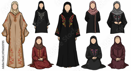 Diverse Muslim women in traditional clothing with transparent background