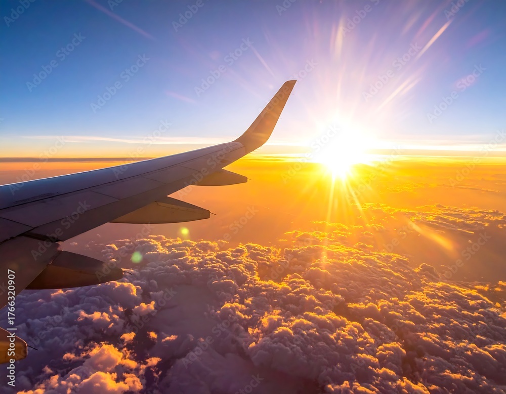 Obraz premium Airplane wing slicing through clouds, bathed in bright, golden sunlight