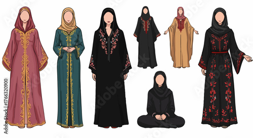 Diverse Muslim women in traditional clothing with transparent background