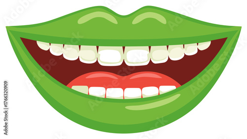 Cartoon Green Lips Smiling Showing White Teeth and Red Tongue