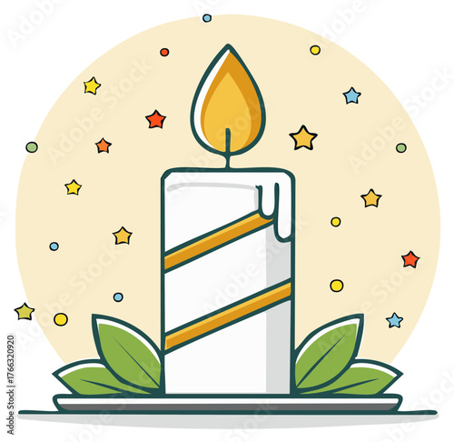 Festive cartoon burning candle with golden stripes surrounded by decorative stars and leaves