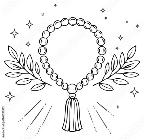 Islamic prayer beads with leaves and stars ornate illustration