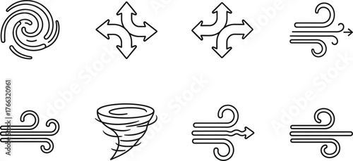 Wind icons set linear wind, air flow, hurricane, tornado, and weather.