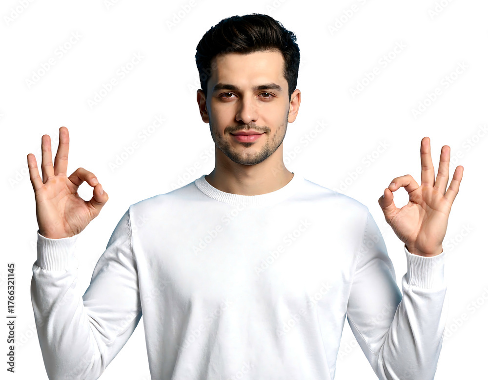 Fototapeta premium Young man smiles, presenting 