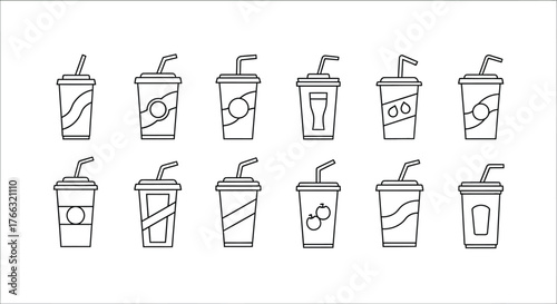 Set of various disposable cups with straws for drinks vector