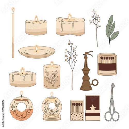 Collection of candles, matches, and accessories for home decor and ambiance.