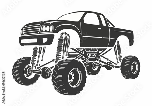 A high angle monochrome illustration showcases a lifted black monster truck against a clean white background symbolizing automotive power and off road adventure perfect for action designs.