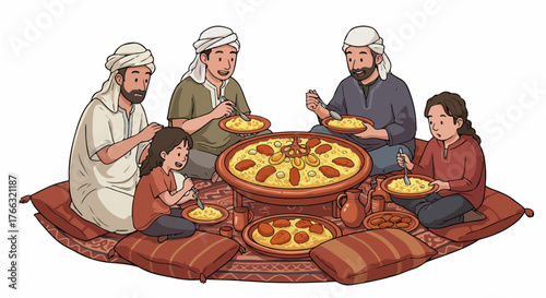 Family sharing traditional meal on cushions