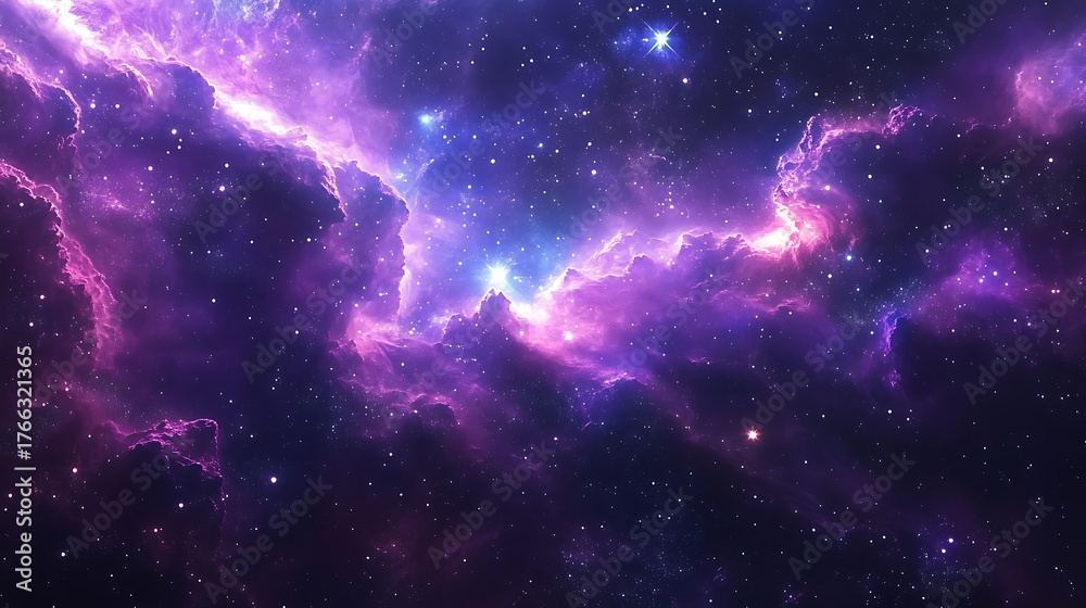 Naklejka premium Vibrant purple and pink nebula in deep space filled with twinkling stars