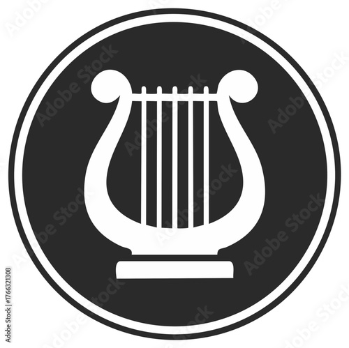 White lyre musical instrument symbol inside a black circle emblem