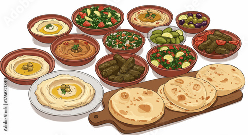 Middle Eastern food platter with pita bread