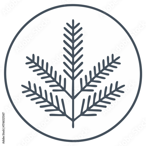 Minimalist fir tree branch line art icon simple evergreen sprig in a circle for winter holiday design