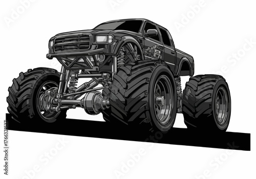 A powerful black monster truck with oversized tires dramatically conquers a steep incline showcased in a low angle shot conveying strength and dominance within the automotive industry