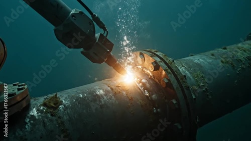 Underwater welder repairs large pipe with bright sparks underwater.
