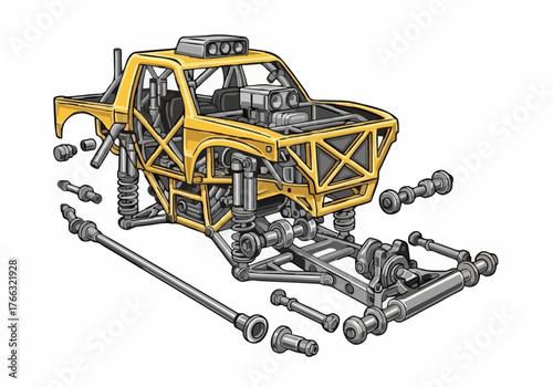 An overhead illustration of a yellow off road racing truck chassis and its individual suspension components laid out in exploded diagram showcasing engineering detail.