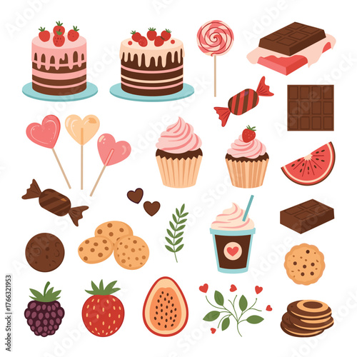 Delicious desserts and sweets collection, various cakes, candies, and fruits.
