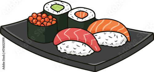 Colorful Sushi Assortment Displayed on a Sleek Black Plate