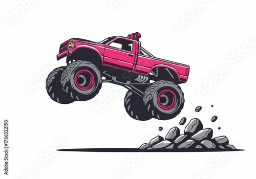A vibrant magenta monster truck fearlessly jumps over a pile of rocks on a white background showing power, adventure, and the thrill of off-road driving.