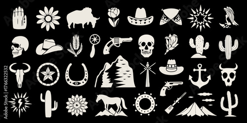 Collection of western and wild west icons and symbols on black background