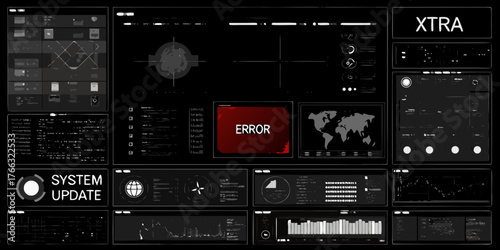 Futuristic digital interface displaying system error and data analysis on a dark background