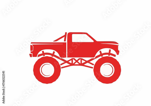 A vibrant red monster truck icon stands out against a clean white background, conveying power and excitement, ideal for automotive themed designs and promotional visuals.
