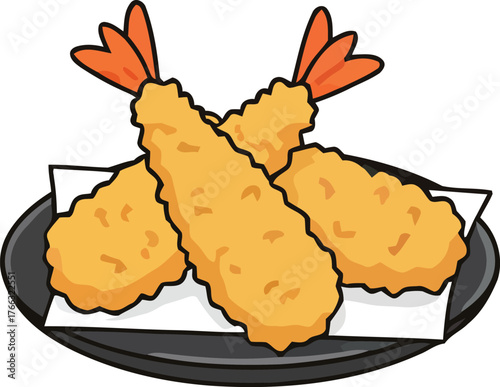 Three pieces of tempura shrimp served on a black plate