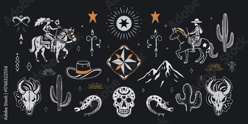 Western cowboy and cowgirl on horseback with desert elements and skull motifs