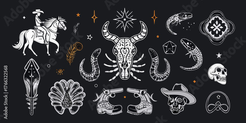 Collection of western and occult inspired illustrations including a cowboy on horseback bull skull snakes guns and skulls