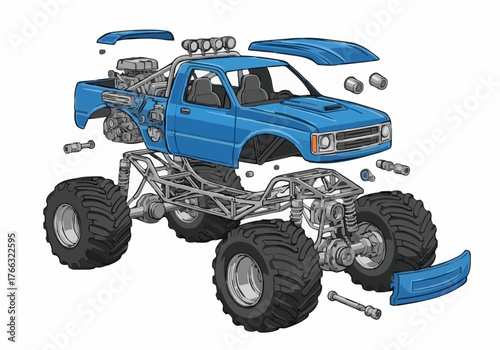A blue monster truck illustration with exploded view showcasing parts against a white backdrop evokes mechanical design and automotive engineering concepts in a technical style.