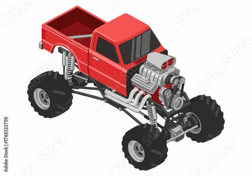 Isometric red monster truck is designed with exaggerated suspension and oversized wheels, perfect for off roading and high impact action viewed from a high angle.