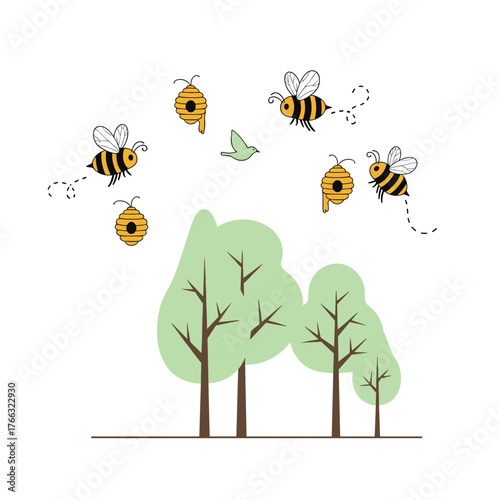 Cute Cartoon Bees Flying Around Beehives and Trees in Nature.