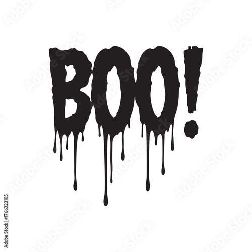 scary halloween word boo! with grunge slime dripping font vector graphic.