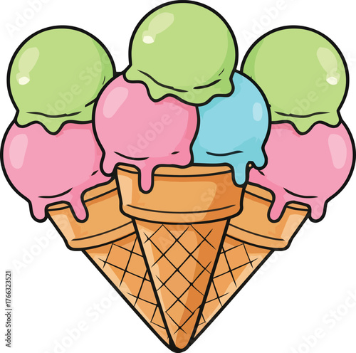 Three Cartoon Ice Cream Cones with Different Flavors and Dripping Cream