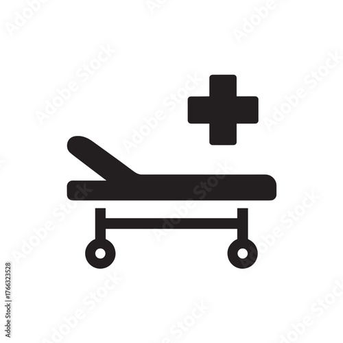 Black medical stretcher icon with plus symbol on white background hospital health