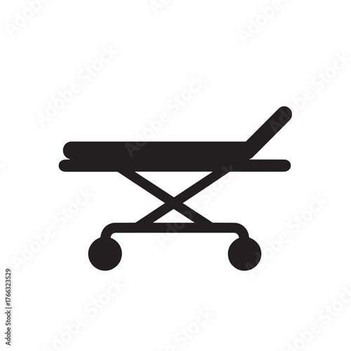 Black medical stretcher icon on white background with wheels hospital transport