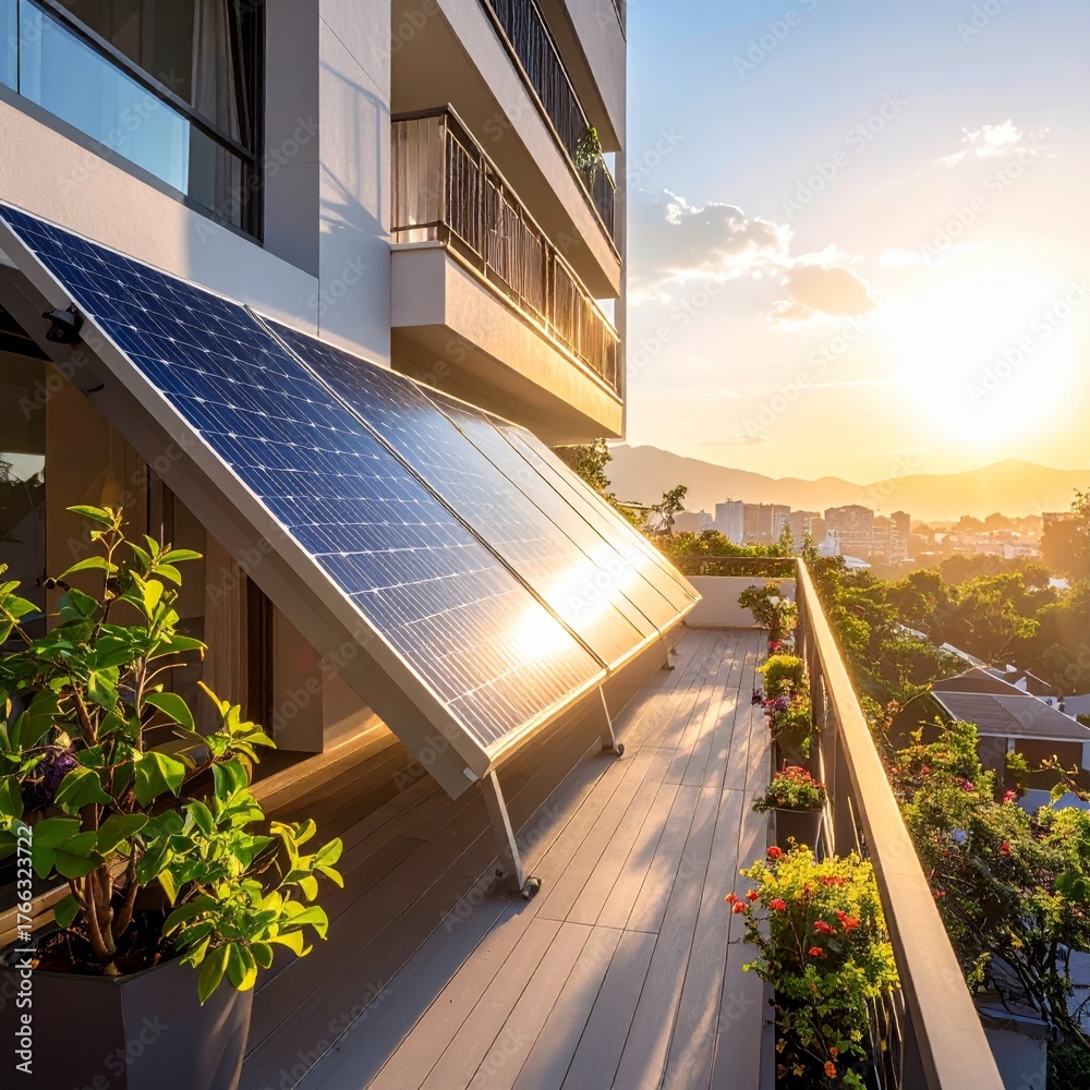 Fototapeta premium Sunlight Glinting Off Solar Panels on Contemporary Apartment Balcony
