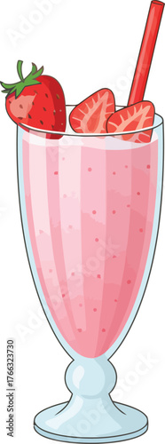 Cartoon Strawberry Smoothie in a Glass with Strawberries and a Straw