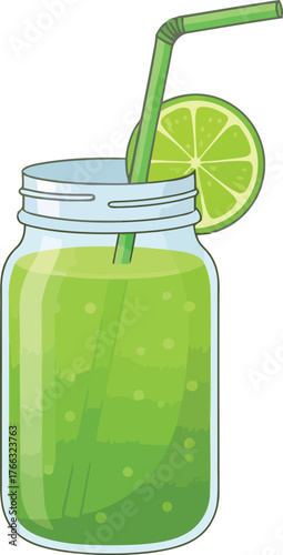 Refreshing Green Smoothie in a Jar with Lime and Straw