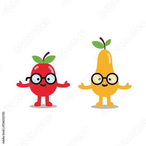 Cute Cartoon Fruit Characters with Glasses Smiling Happily.