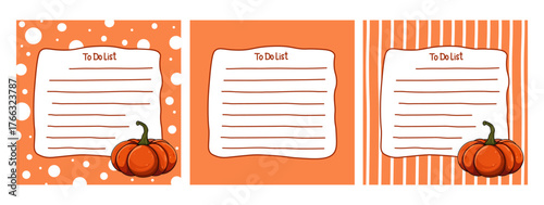 Bright autumn illustration for notes. To Do List. Orange background with white stripes, circles and  pumpkin. Centered space for text, note. Memo page. Vector.
