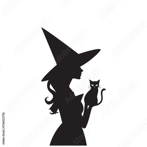 minimalist witch and familiar black cat silhouette vector illustration for halloween.