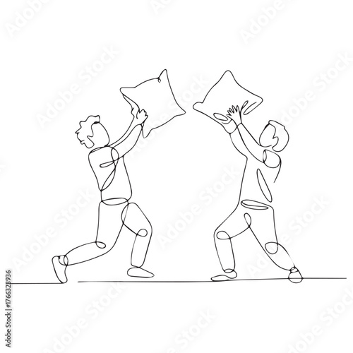 Continuous Simple black line art drawing of a pillow fight in a minimalist style on a white background.