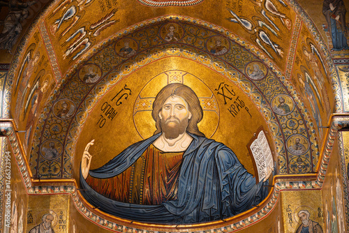 Byzantine Christ Pantocrator mosaic in Monreale Cathedral, Sicily