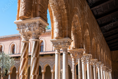 Detailed close-up of mosaic columns in Monreale cloister, Sicily
