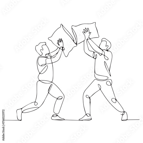 Continuous Simple black line art drawing of a pillow fight in a minimalist style on a white background.