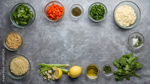 Flat lay of healthy cooking ingredients in glass bowls on gray background