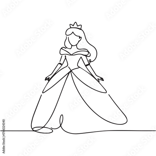 Continuous Simple black line art drawing of a queen in a minimalist style on a white background.