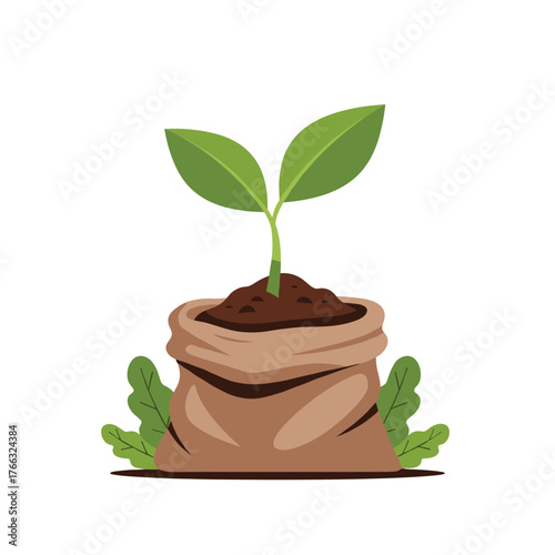 Young plant sprouting from soil inside a burlap sack, growing concept.