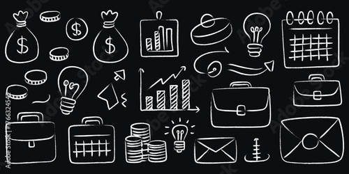 Chalkboard Hand-Drawn Doodle Set of Business Icons and Infographic Elements in Black and White Minimalist Vector Style